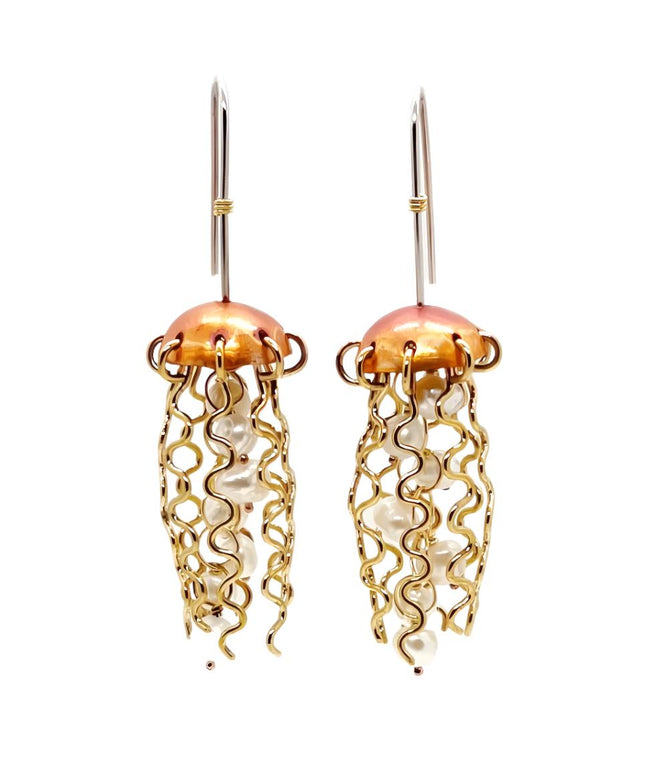 Red Copper Jellyfish Earrings with White Pearls and Sterling Silver Earwires