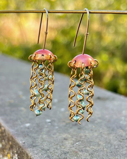 Red Copper Jellyfish Earrings with Green Pearls and Sterling Silver Earwires
