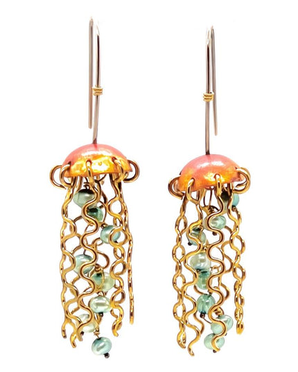 Red Copper Jellyfish Earrings with Green Pearls and Sterling Silver Earwires