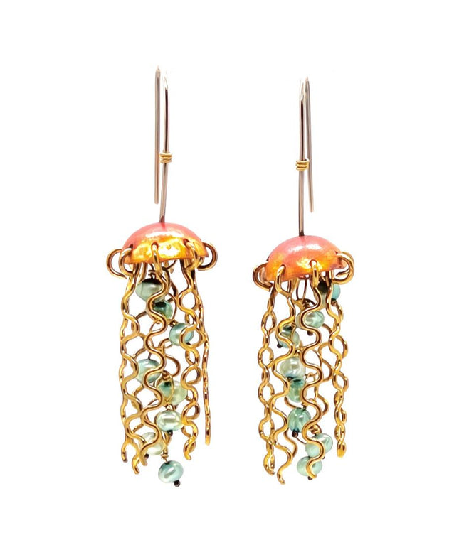 Red Copper Jellyfish Earrings with Green Pearls and Sterling Silver Earwires