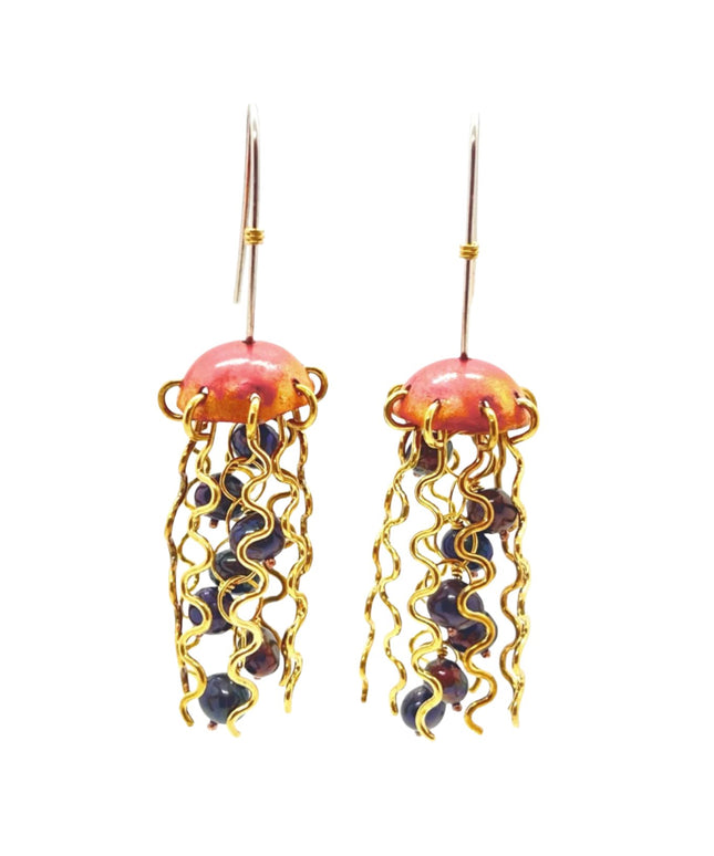 Red Copper Jellyfish Earrings with Dark Pearls and Sterling Silver Earwires