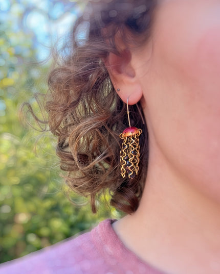 Red Copper Jellyfish Earrings with Dark Pearls and Sterling Silver Earwires