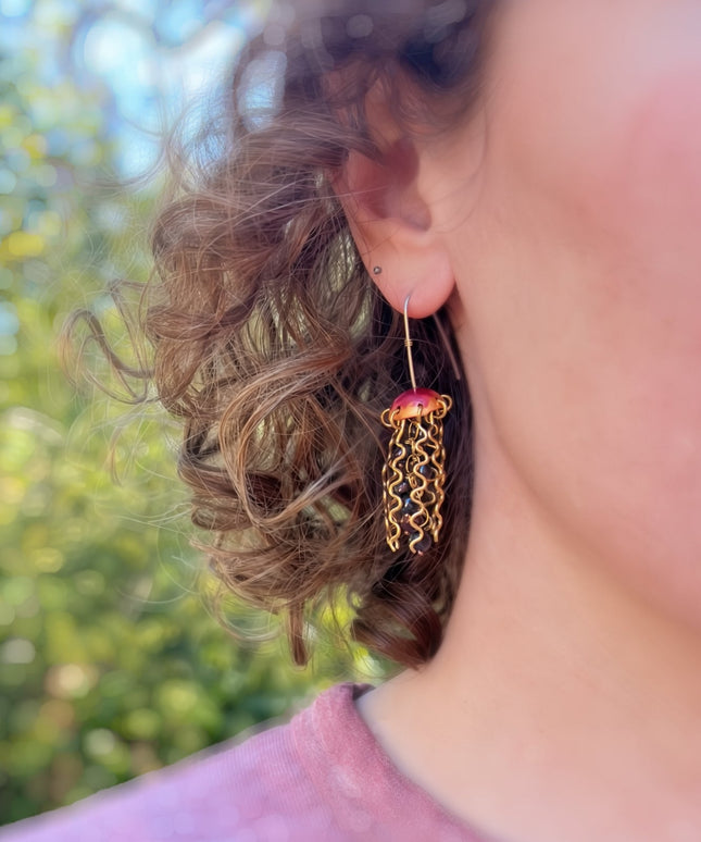 Red Copper Jellyfish Earrings with Dark Pearls and Sterling Silver Earwires