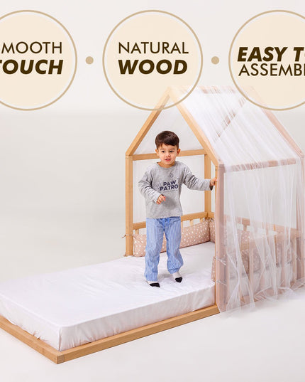 Wooden Montessori House Floor Bed with Fence and Roof for Kids (190x90 cm)