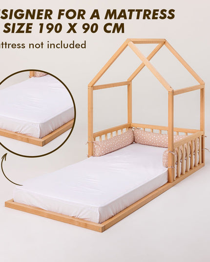Wooden Montessori House Floor Bed with Fence and Roof for Kids (190x90 cm)