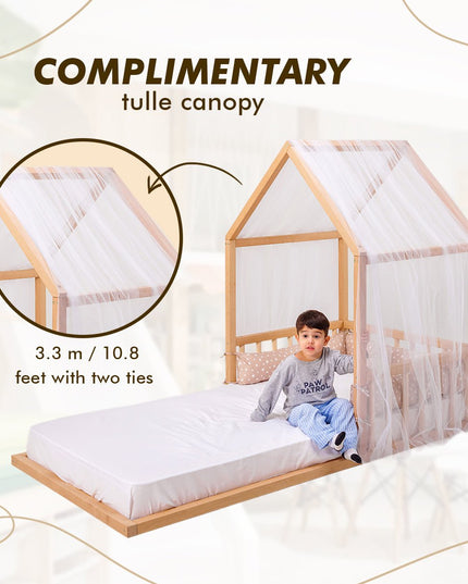 Wooden Montessori House Floor Bed with Fence and Roof for Kids (190x90 cm)