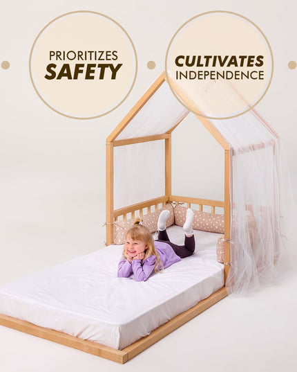 Wooden Montessori House Floor Bed with Fence and Roof for Kids (190x90 cm)