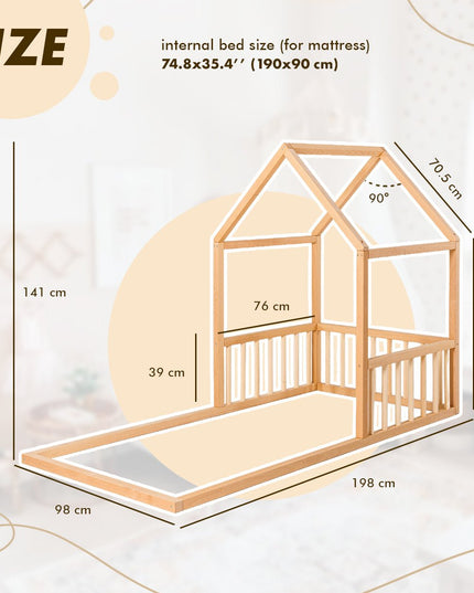 Wooden Montessori House Floor Bed with Fence and Roof for Kids (190x90 cm)