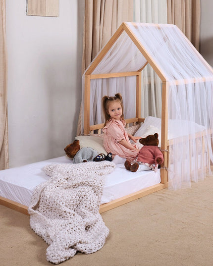 Wooden Montessori House Floor Bed with Fence and Roof for Kids (190x90 cm)