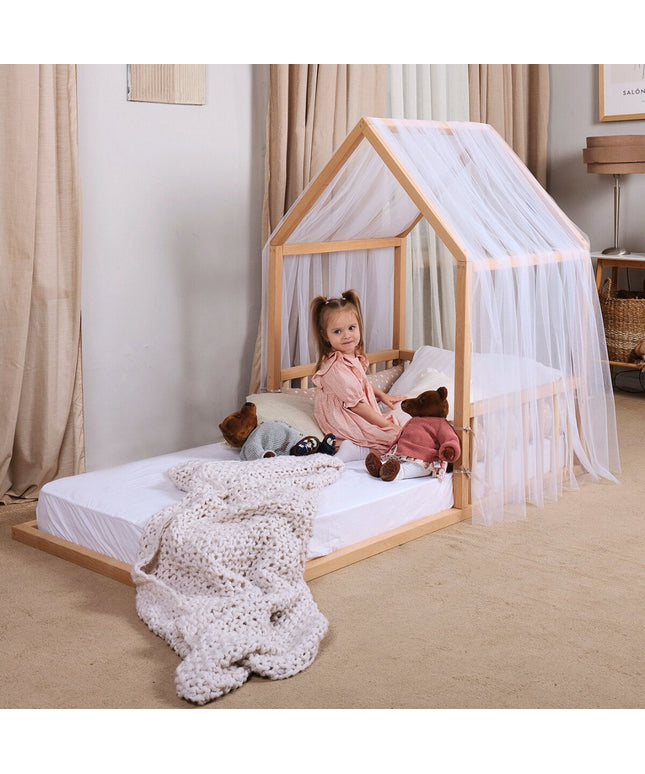 Wooden Montessori House Floor Bed with Fence and Roof for Kids (190x90 cm)