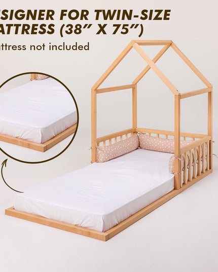 Small Wooden Montessori House Floor Bed with Fence and Roof for Kids (75x38 inch)