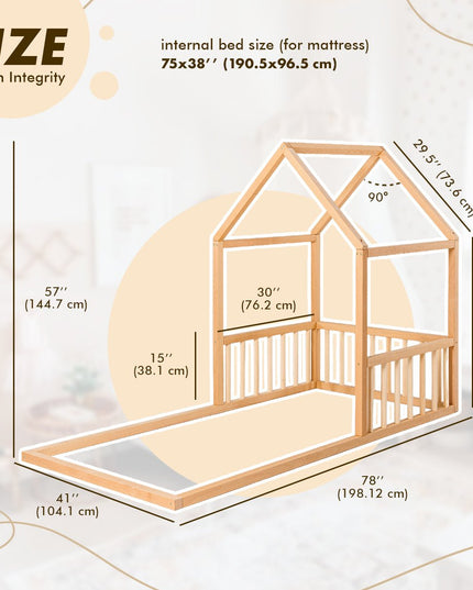 Small Wooden Montessori House Floor Bed with Fence and Roof for Kids (75x38 inch)
