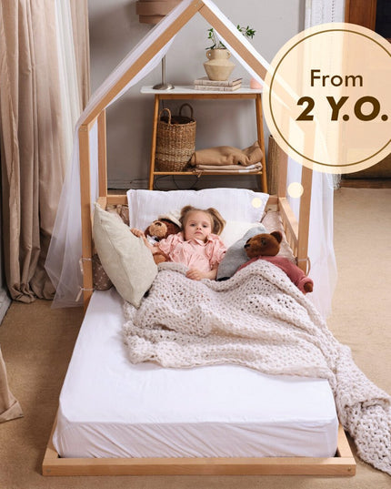 Small Wooden Montessori House Floor Bed with Fence and Roof for Kids (75x38 inch)
