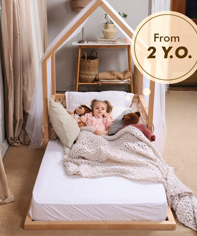 Small Wooden Montessori House Floor Bed with Fence and Roof for Kids (75x38 inch)