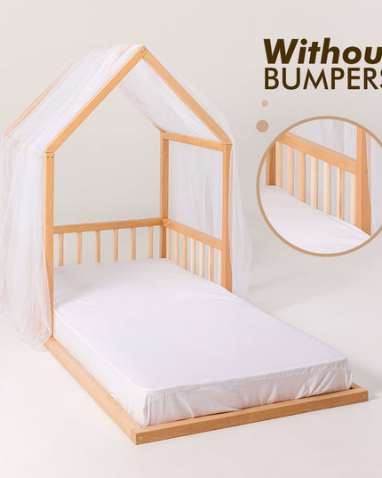 Small Wooden Montessori House Floor Bed with Fence and Roof for Kids (75x38 inch)