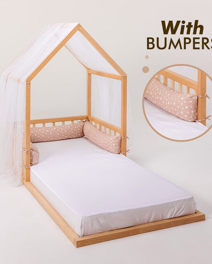 Small Wooden Montessori House Floor Bed with Fence and Roof for Kids (75x38 inch)
