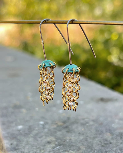 Mini Green Jellyfish Earrings with White Pearls and Sterling Silver Earwires