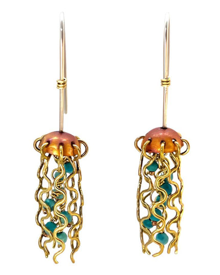 Mini Red Copper Jellyfish Earrings with Turquoise Beads and Sterling Silver Earwires