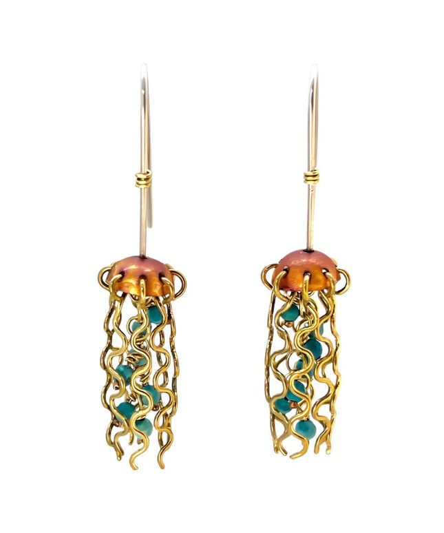 Mini Red Copper Jellyfish Earrings with Turquoise Beads and Sterling Silver Earwires