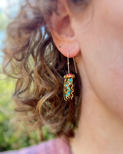 Mini Red Copper Jellyfish Earrings with Turquoise Beads and Sterling Silver Earwires