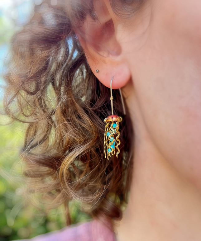 Mini Red Copper Jellyfish Earrings with Turquoise Beads and Sterling Silver Earwires