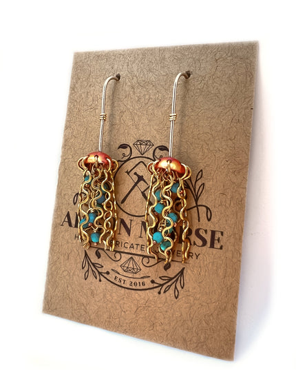 Mini Red Copper Jellyfish Earrings with Turquoise Beads and Sterling Silver Earwires