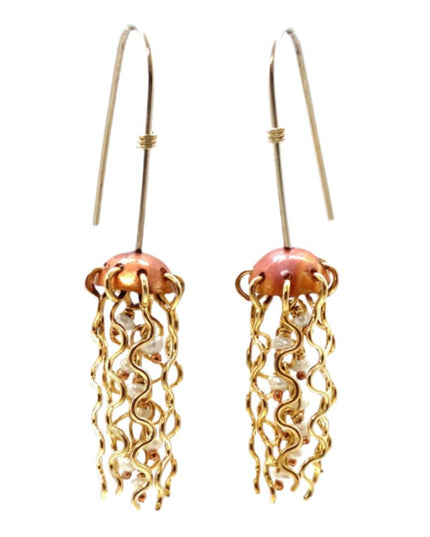 Mini Red Copper Jellyfish Earrings with White Pearls and Sterling Silver Earwires