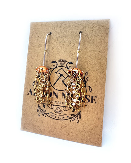 Mini Red Copper Jellyfish Earrings with White Pearls and Sterling Silver Earwires