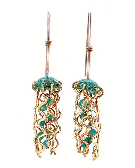 Mini Green Jellyfish Earrings with Turquoise Beads and Sterling Silver Earwires