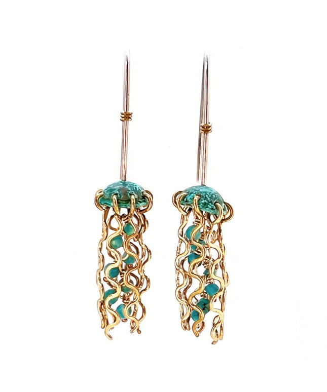 Mini Green Jellyfish Earrings with Turquoise Beads and Sterling Silver Earwires