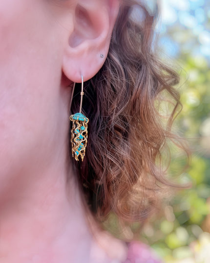 Mini Green Jellyfish Earrings with Turquoise Beads and Sterling Silver Earwires