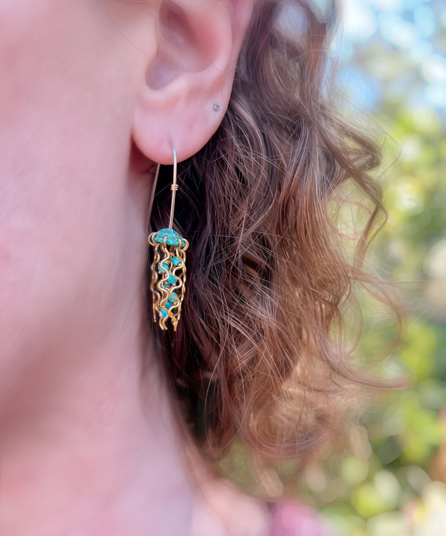 Mini Green Jellyfish Earrings with Turquoise Beads and Sterling Silver Earwires