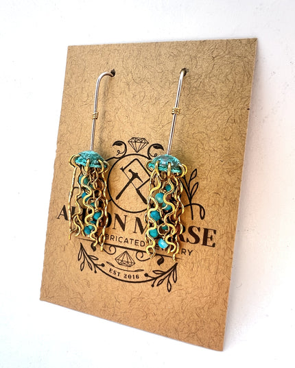 Mini Green Jellyfish Earrings with Turquoise Beads and Sterling Silver Earwires