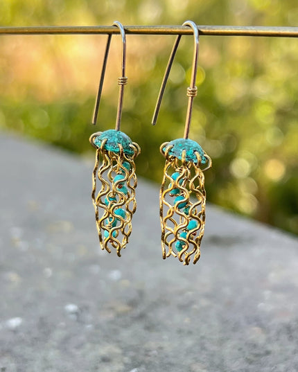 Mini Green Jellyfish Earrings with Turquoise Beads and Sterling Silver Earwires