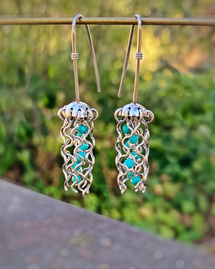 Mini Jellyfish Earrings in Sterling Silver with Turquoise Beads