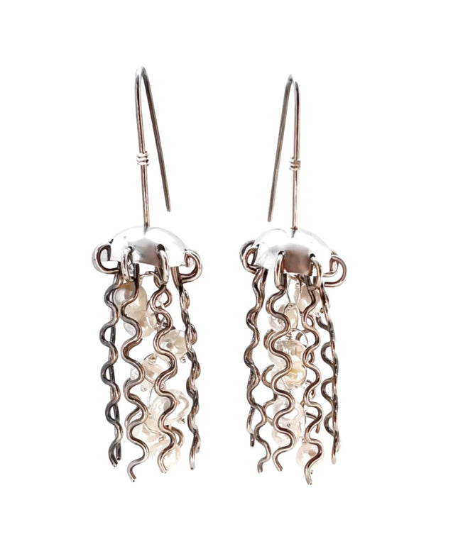 Sterling Silver Jellyfish Earrings with White Pearls