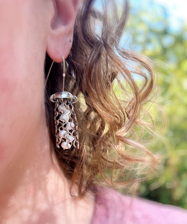 Sterling Silver Jellyfish Earrings with White Pearls