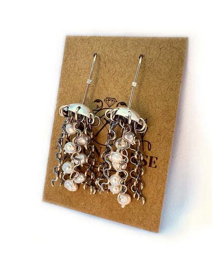 Sterling Silver Jellyfish Earrings with White Pearls