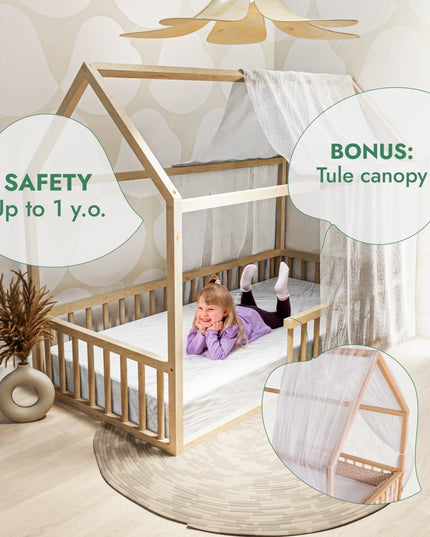 Twin Size Montessori House Bed for Kids with Fence