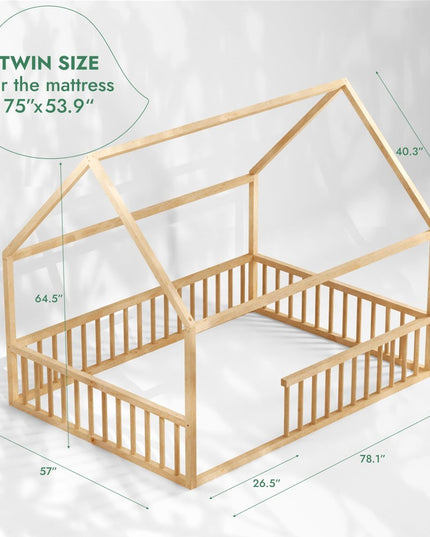Twin Size Montessori House Bed for Kids with Fence