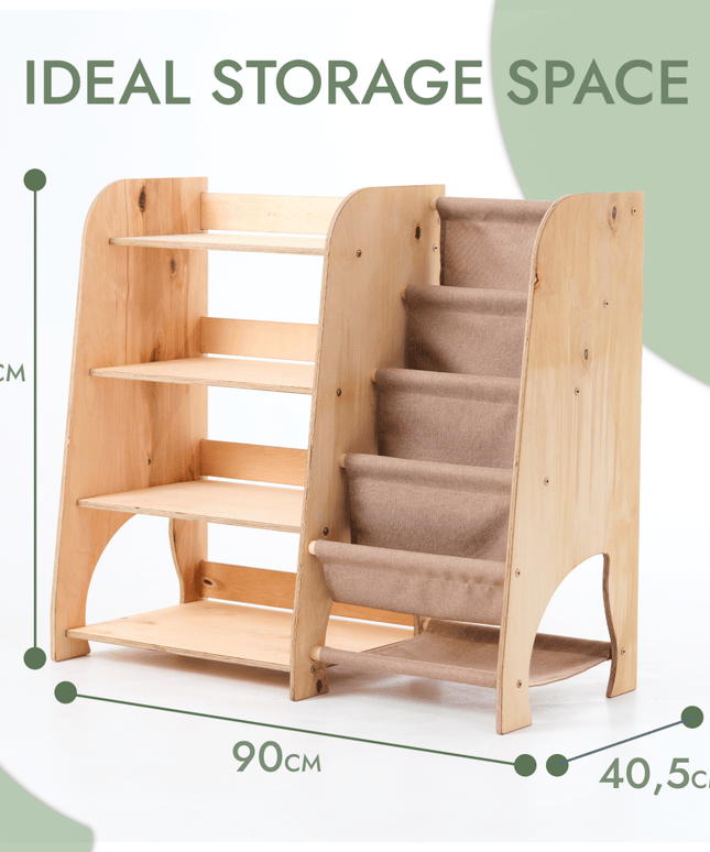 Wooden Montessori Shelves for Toddler 2in1: Bookshelf & Toy Shelving