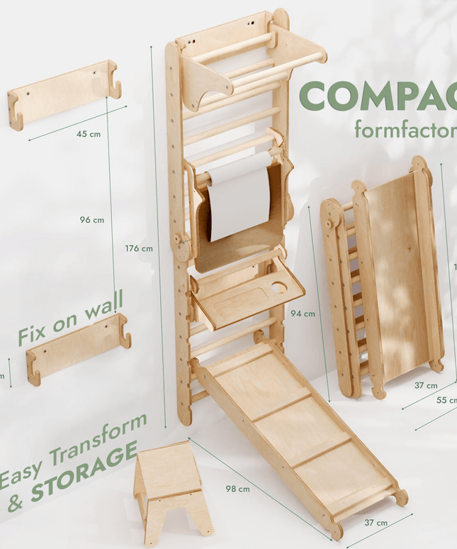 Wooden Swedish Wall / Climbing ladder for Children + Swing Set + Slide Board + Art Add-on