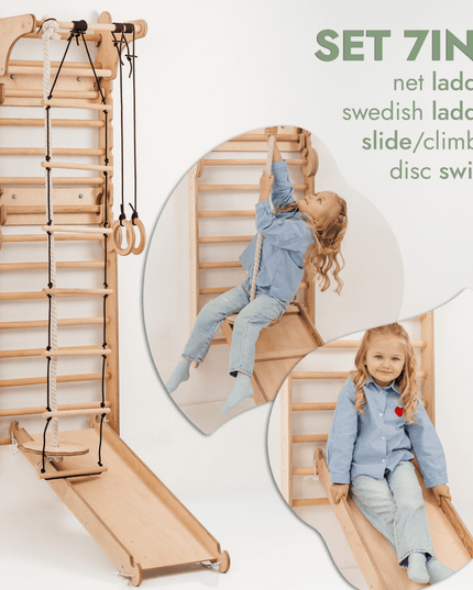 Wooden Swedish Wall / Climbing ladder for Children + Swing Set + Slide Board + Art Add-on