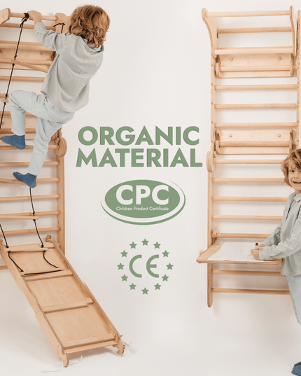 Wooden Swedish Wall / Climbing ladder for Children + Swing Set + Slide Board + Art Add-on