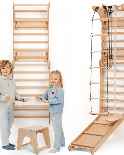 Wooden Swedish Wall / Climbing ladder for Children + Swing Set + Slide Board + Art Add-on