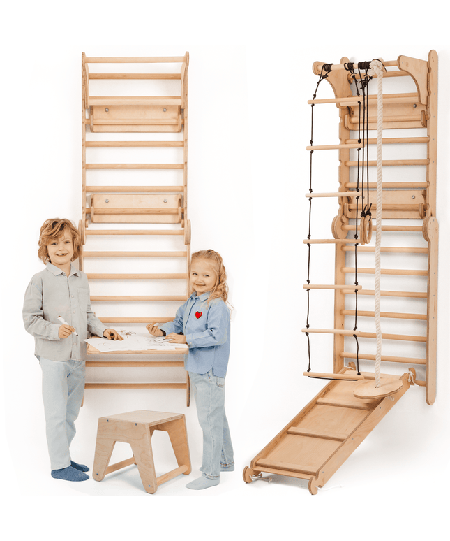 Wooden Swedish Wall / Climbing ladder for Children + Swing Set + Slide Board + Art Add-on